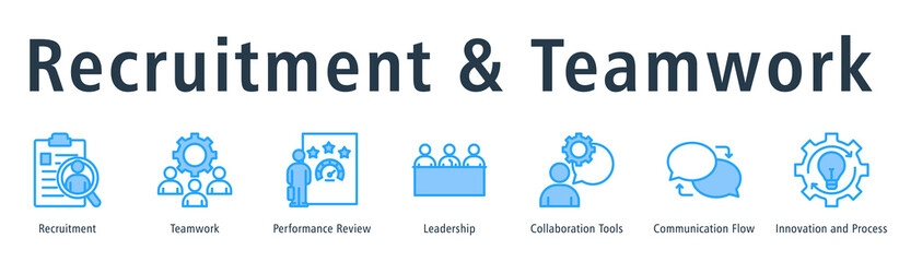 Recruitment and teamwork web banner icon vector illustration concept with icon of recruitment, teamwork, performance review, leadership, collaboration tools, and communication flow.