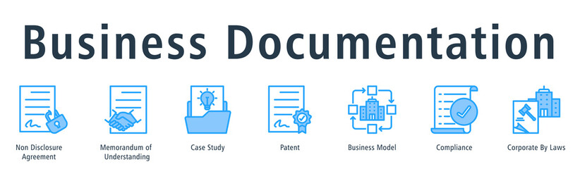 Business documentation web banner icon vector illustration concept with icon of non disclosure agreement, memorandum of understanding, case study, patent, business model, and compliance.