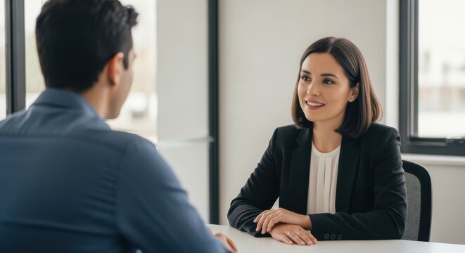 Friendly professional meeting between two coworkers as a woman in a business suit listens with a confident smile during a focused conversation in a bright modern office setting