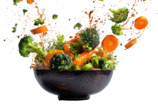 A vibrant mix of vegetables bursting from a dark bowl