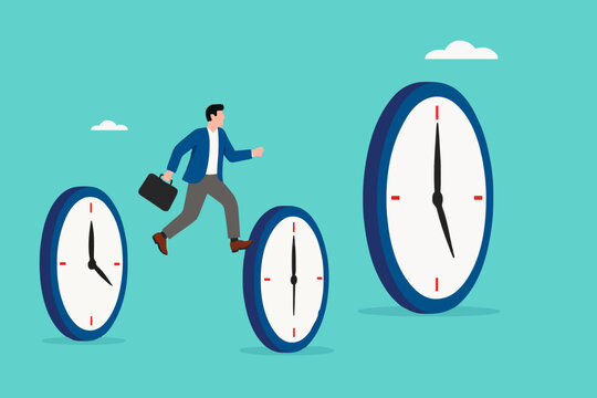 time management skills, successful time management as inspiration for the next time management, increasing expertise over time, businessman jumps through the small clock to the big one
