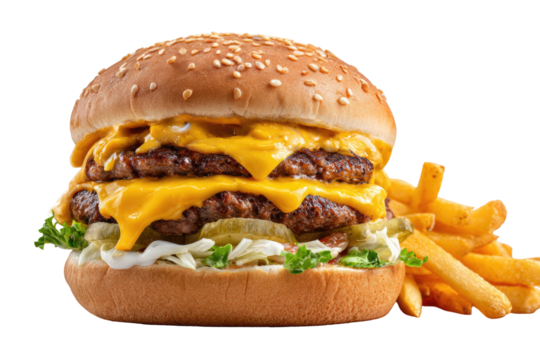 Double cheeseburger stacked high with fries on the side