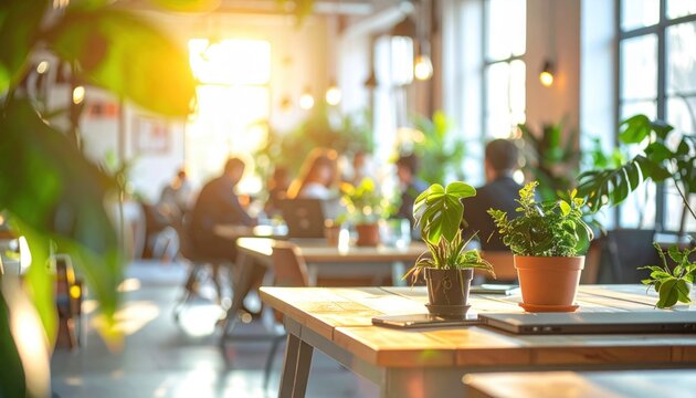 Warm Sunlit Coworking Space or Cafe Interior with Potted Plants and Working People, Biophilic Design Concept