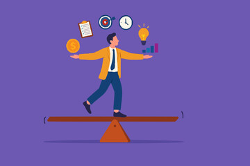 multiple project management concept illustration, juggle multiple project concept, professional businessman manage multiple project at the some time vector illustration while standing on seesaw