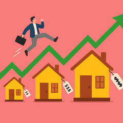 real estate or property growth concept, Housing price rising up, businessman running on rising green graph on house roof concept vector illustration with flat design style