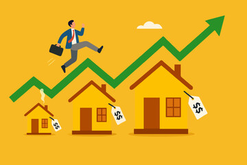 real estate or property growth concept, Housing price rising up, businessman running on rising green graph on house roof concept vector illustration with flat design style