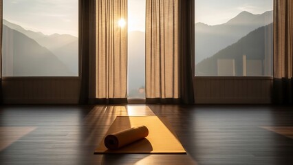 穏やかな朝の光の中でヨガマットが広がる、山々を望む静寂な空間。自然光が差し込む、リラックスできるミニマルな構図。