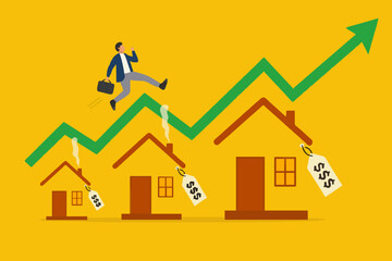 real estate or property growth concept, Housing price rising up, businessman running on rising green graph on house roof concept vector illustration with flat design style