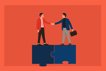 business agreement, cooperation in business to achieve certain targets, growth or progress to achieve goal and target, two business people shaking hands at puzzle concept vector illustration