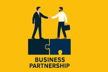 business agreement, cooperation in business to achieve certain targets, growth or progress to achieve goal and target, two business people shaking hands at puzzle concept vector illustration