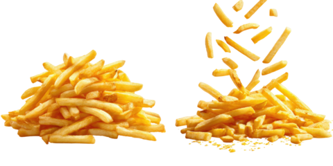 Two piles of golden french fries, some falling