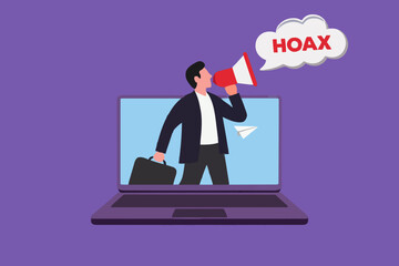 businessman using megaphone conveying fake news or hoax on computer laptop, hoax or fake news illustration, misleading information from social media that creates misunderstandings