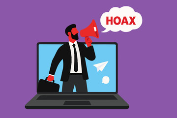businessman using megaphone conveying fake news or hoax on computer laptop, hoax or fake news illustration, misleading information from social media that creates misunderstandings