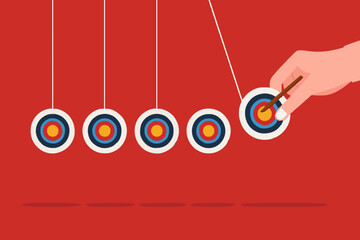business target achievement as a milestone to achieve the next target, businessman pulling target board with bullseye arrow as e pendulum for milestone the next target
