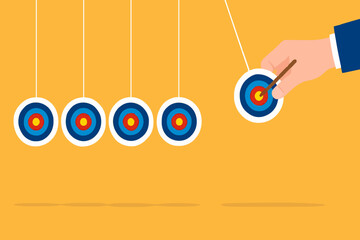 business target achievement as a milestone to achieve the next target, businessman pulling target board with bullseye arrow as e pendulum for milestone the next target