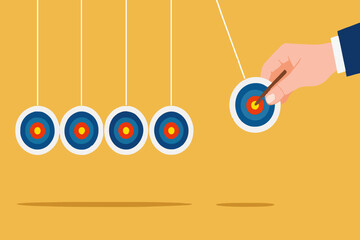 business target achievement as a milestone to achieve the next target, businessman pulling target board with bullseye arrow as e pendulum for milestone the next target