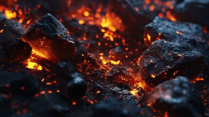 Glowing lava rocks heat up the ground in a volcanic region during twilight. The vibrant orange glow contrasts with dark rugged surfaces creating a surreal scene.