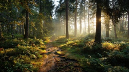 A serene forest scene features a sunlit pathway surrounded by tall trees and lush ferns. Morning mist lingers while sunlight streams through the branches.