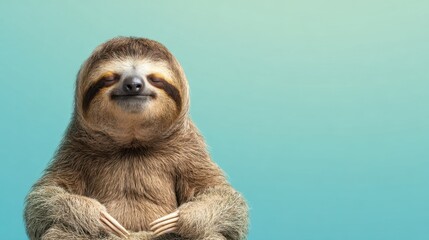 Obraz premium A sloth smiles and leans back showcasing its relaxed posture against a soothing gradient background. The scene captures a moment of tranquility and contentment.