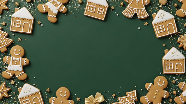 Festive Christmas background with a frame of decorated gingerbread cookies, houses, and trees on a dark green surface