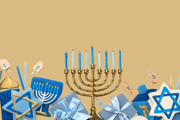 Hanukkah colorful menorah with blue decor and gifts