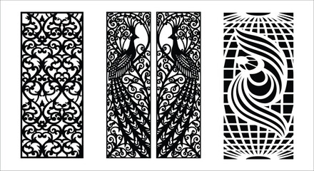 Black Decorative Panels with Peacock and Geometric Patterns vector illustration