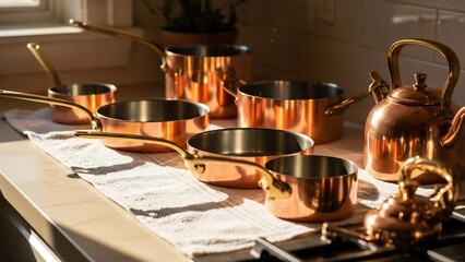 輝く銅製調理器具、温かい光の中で上品なキッチンを演出。レトロな雰囲気と柔らかなベージュ色の背景が心地よい空間を作り出す。