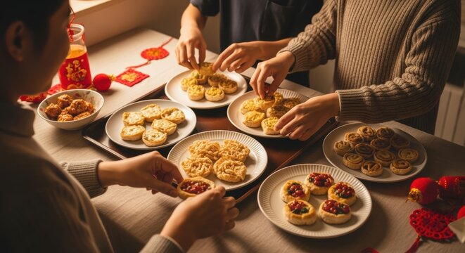 Close-up of Asian Family or Friends Eating and Sharing Festive Chinese New Year Snacks