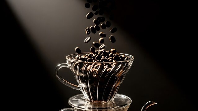 コーヒー豆が透明なカップに降り注ぐ瞬間、ドラマチックな光が当たる、コーヒーの香りが漂うような美しい瞬間。