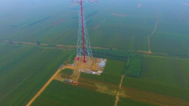 High Voltage Power Tower Construction Aerial View