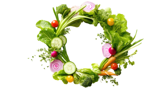 Fresh vegetables arranged in a circular wreath pattern