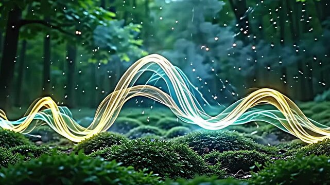 An explosion of magnetic force line patterns sweeps over a lush green background, illuminating the scene with radiant colors and magnetic energy that flows in a continuous, organic dance.