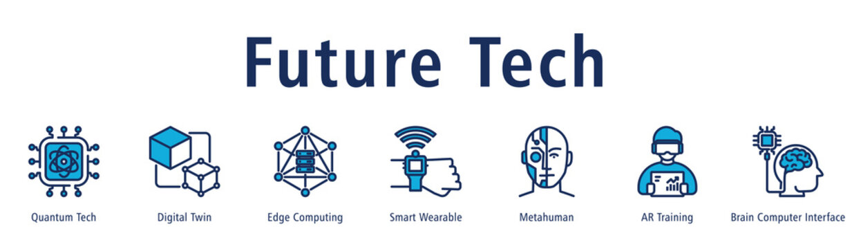Future Tech web banner icon vector illustration concept with icon of quantum tech, digital twin, edge computing, smart wearable, metahuman, AR training, and brain computer interface.