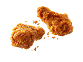 Crispy fried chicken pieces with golden brown coating and crumbs