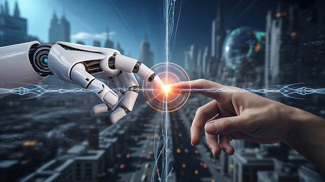 Human and robot connection symbolizing advanced artificial intelligence technology