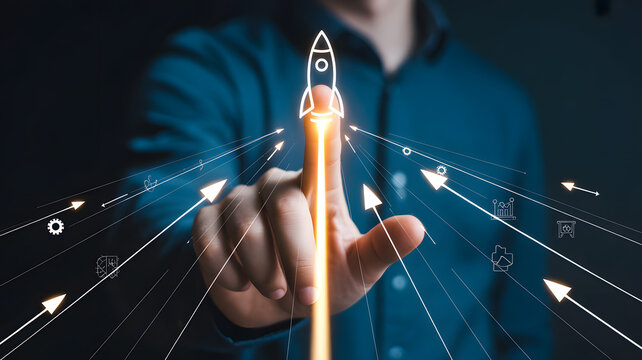 Launch your startup with a touch! A modern concept showing growth, innovation and success with a rocket ship and rising arrows, ready for your business