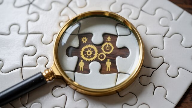 Magnifying glass reveals internal mechanism and human element within a missing puzzle piece slot
