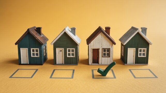 Miniature residential structures are arranged above corresponding selection boxes with one marked by a green confirmation symbol.