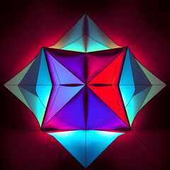 This image is a mesmerizing abstract composition featuring a symmetrical, faceted object that appears to be glowing from within. The object is composed of multiple triangular and geometric planes, ref