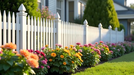 Brightly colored flowers lining the edge of a white picketed fence with vivid blossoms enhancing the warm garden atmosphere and forming a decorative natural border in soft outdoor lighting