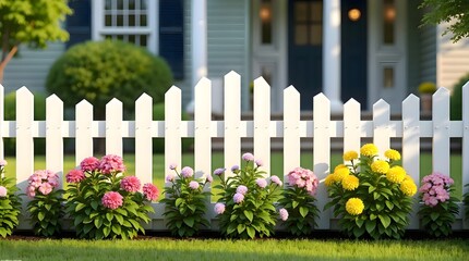 White picket fence with pink and yellow flowers arranged in front of it creating a bright botanical scene filled with vivid blossoms and soft natural light forming a calm decorative garden composition