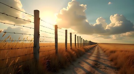 Fence with barbed wire in the middle of a field surrounded by open rural landscape with grass and a wide quiet meadow stretching into the distance under soft daylight creating a peaceful outdoor scene