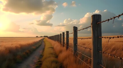 Fence next to a field of grass within a calm rural setting featuring wide open landscape and natural scenery illuminated by soft daylight forming a peaceful outdoor countryside view