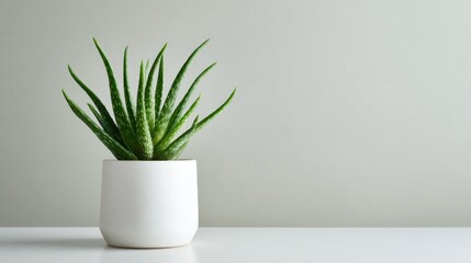 A vibrant aloe vera plant sits in a modern white pot on a plain table. The neutral background highlights the plant's lush green leaves perfect for home decor.