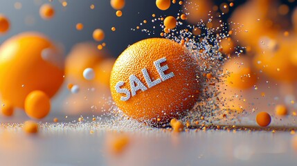 An orange sphere with the word 'SALE' on it is disintegrating into particles, surrounded by other blurred orange spheres and small white beads, with a soft, dif