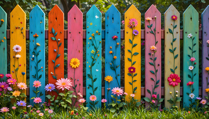 Colorful wooden fence painted with vivid flower shapes creating a bright decorative outdoor scene with artistic patterns and cheerful tones that form a playful handcrafted visual element