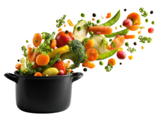 A pot of colorful vegetables exploding outward, dynamic food photography