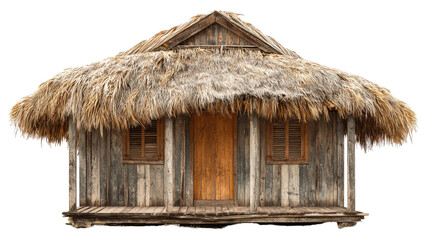 Rustic wooden hut with thatched roof and porch