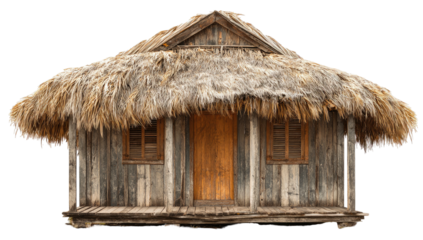 Rustic wooden hut with thatched roof and porch