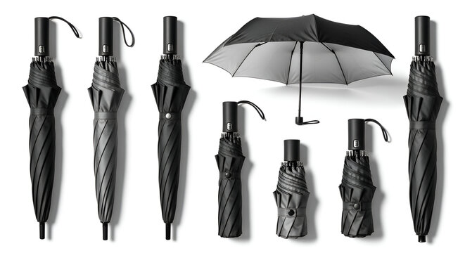 Collection of Black Umbrellas Open and Closed on White Background